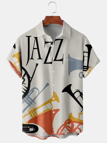 

Men's Musical Collection Short Sleeve Hawaiian Shirt with Chest Pocket, White-gray, Short Sleeve Shirts