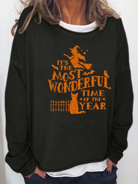 

Women Brooms Witch Black Cat Casual Loose Halloween Sweatshirts, Hoodies&Sweatshirts
