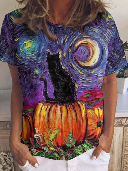 

Womens Halloween Black Cat Casual Crew Neck T-Shirt, As picture, T-shirts