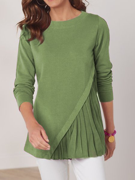 

Casual Plain Autumn Pleated Long sleeve Tunic, Green, Tunics
