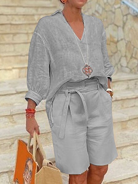 

Lantern Sleeve Plain Two Piece Sets, Gray, Suit Set