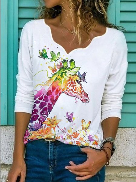 

Animal Casual V Neck Giraffe Tops, White, T-Shirts
