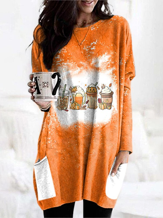 

Casual Autumn Halloween Daily Loose Halloween Long sleeve Mid-long Medium Elasticity T-shirt for Women, Orange, T-Shirts
