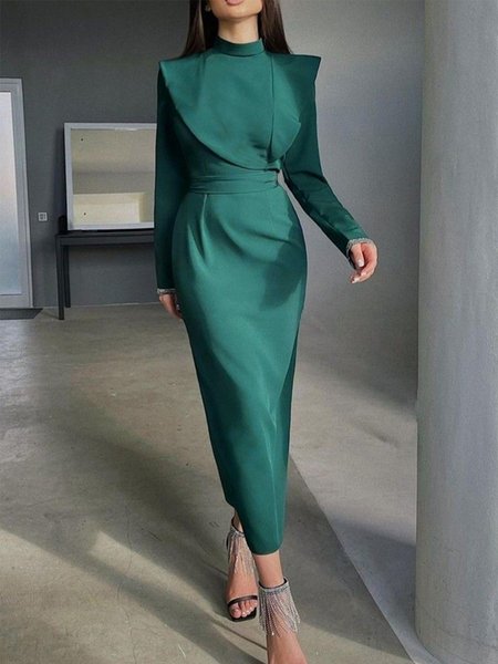 

Regular Fit Stand Collar Plain Elegant Long Sleeve Maxi Dress, Green, Maxi Dresses
