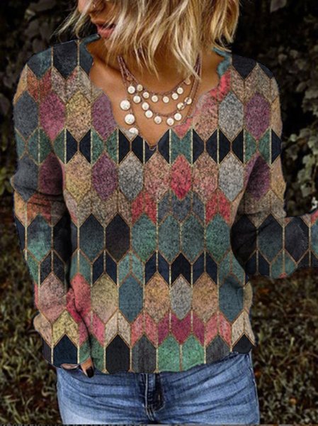 

Vintage Fashion Casual V-Neckline Color Block Loose Regular Sweatshirts, Multicolor, Sweaters