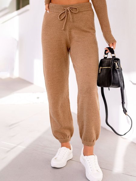 

Plain Knitted Elastic Waistband Casual Pants, Brown, Pants