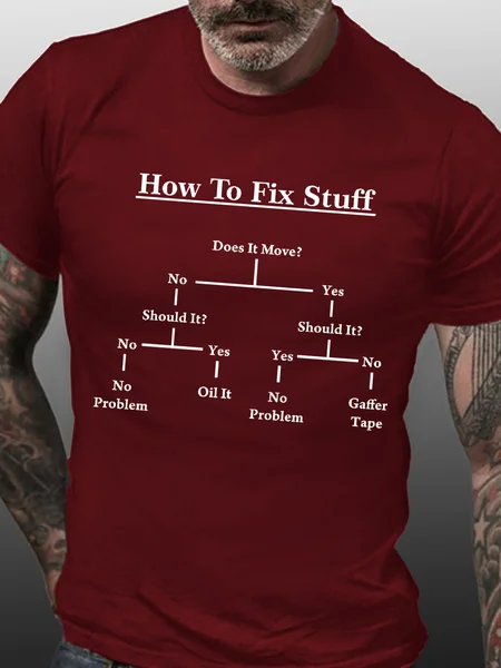 

Men Funny How To Fix Stuff Text Letters Crew Neck Casual T-Shirt, Red, T-shirts