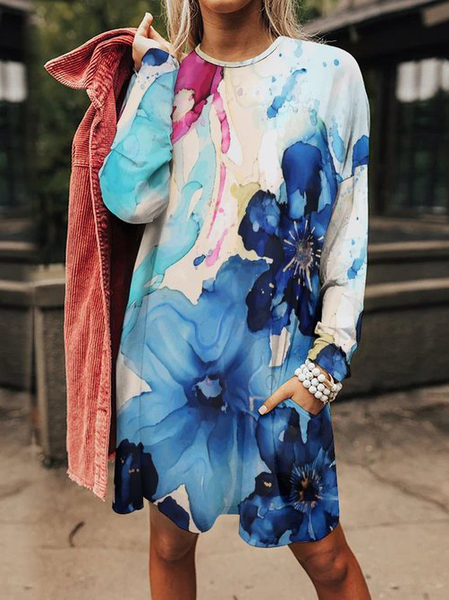 Women Abstract Art Floral Pattern Loose Casual Dress, As picture, Dresses