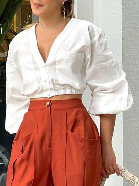 

White Daily Simple V Neck Long sleeve Blouse, Blouses and Shirts