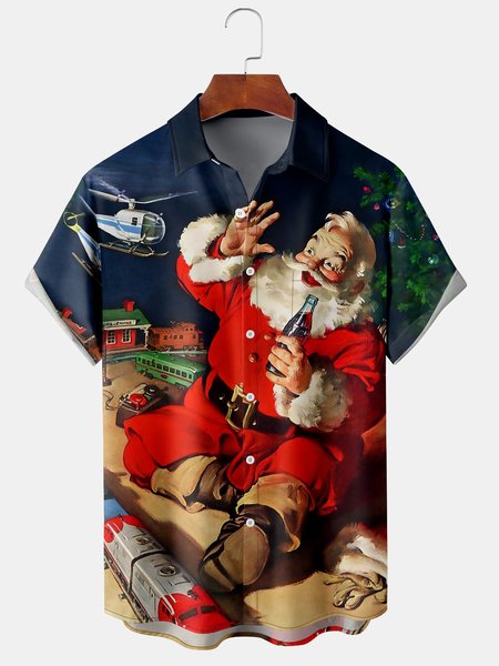 

Mens Christmas Casual Short Sleeve Shirt Hawaiian Shirt with Chest Pocket, Red, Short Sleeve Shirts