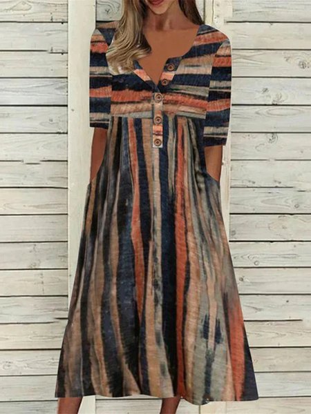 

Women Striped Casual Spring Polyester Natural No Elasticity Daily Crew Neck Regular Size Dress, Green, Midi