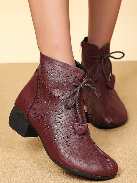 

Vintage Soft Leather Cutout Breathable Chunky Heel Lace-Up Boots, Coffee, Boots