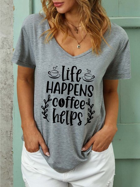 

Women Life Coffee Helps Casual Text Letters T-Shirt, Gray, T-shirts
