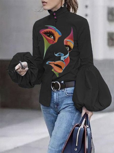 

Women Abstract Autumn Urban Stand Collar Regular Fit 1 * Top Regular Regular Regular Size Blouse, Black, Blouses and Shirts