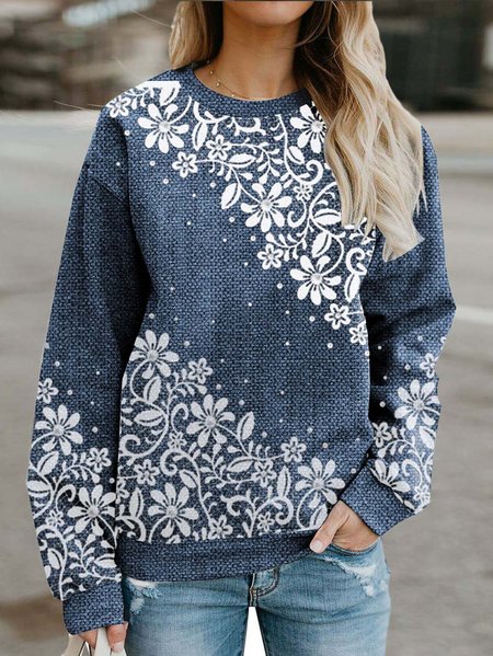

Casual Floral Winter Daily Loose Long sleeve H-Line Regular Regular Size Sweatshirts for Women, Blue, Sweatshirts & Hoodies
