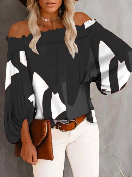 

Vacation Colorblock Boat Neck Loose Long Sleeve Top, Black, Blouses and Shirts