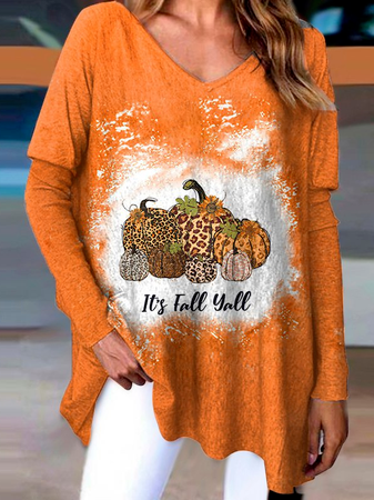

Women Casual Text Letters Autumn V neck Loose Cotton-Blend H-Line Medium Elasticity Regular Size T-shirt, Orange, T-Shirts