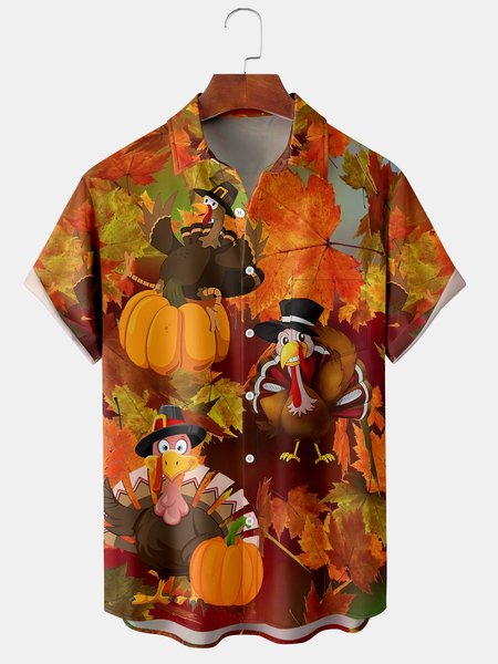 

Men's Thanksgiving Turkey Print Casual Short Sleeve Hawaiian Shirt with Breast Pocket, Orange red, Short Sleeve Shirts