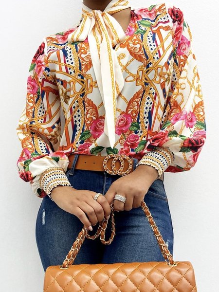 

Urban Floral Long Sleeve V Neck Regular Fit Blouse, Multicolor, Blouses and Shirts