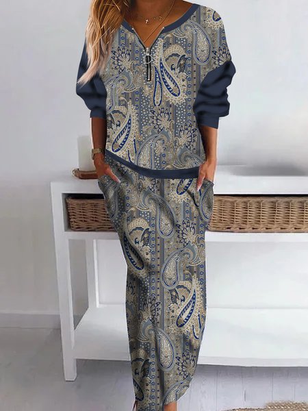 

Folk Paisley stitching plain color zipper sweater skirt two piece set, Blue, Dresses