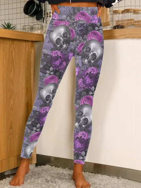 

Women Purple Floral Skull Regular Fit Halloween Leggings, Leggings