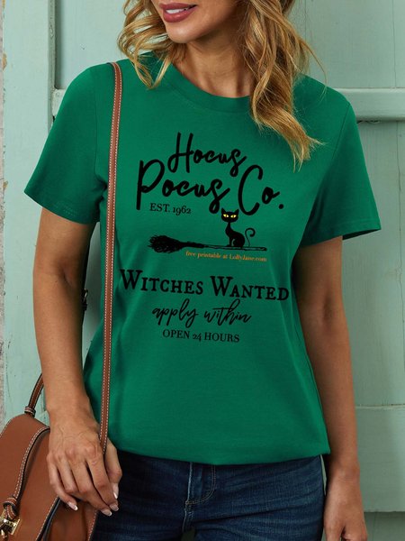 

Women Halloween Brooms Black Cat Crew Neck Casual T-Shirt, Green, T-shirts