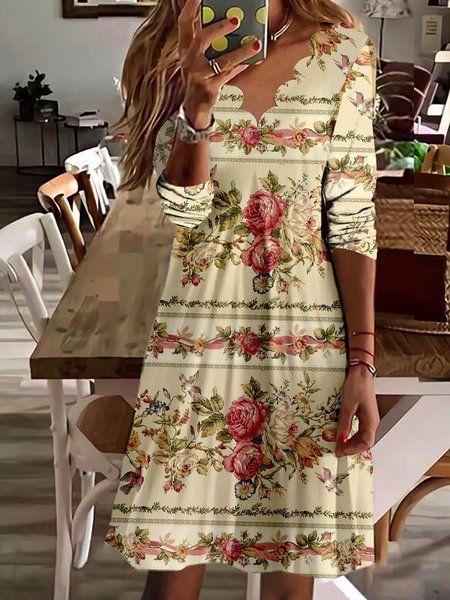 

Women Casual Floral Autumn V neck Daily Regular Fit Midi A-Line Regular Dresses, Yellow, Dresses