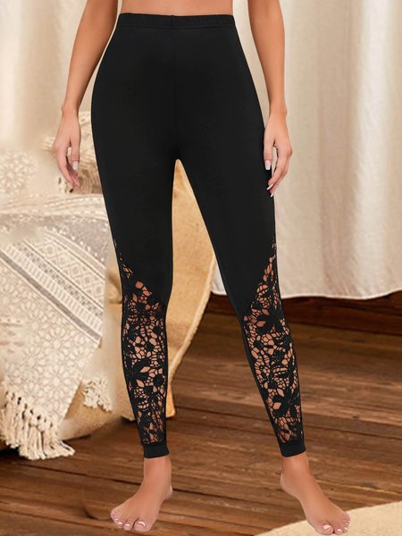 

Casual Plain Autumn Polyester High Elasticity Lace Long Leggings Regular Leggings for Women, Black, leggings