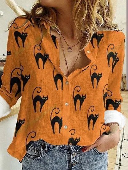 

JFN Shirt Collar Casual Autumn Cat Collar Shirt, Orange, Shirts & Blouses