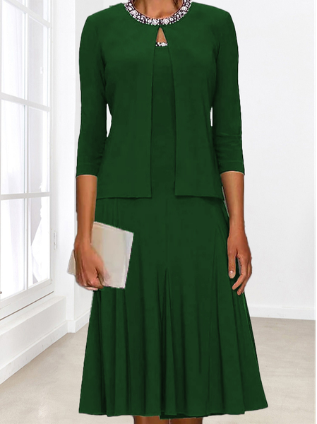 

Women Casual Plain Autumn Natural Loose Crew Neck Coat With Skirt Regular Regular Size Two Piece Sets, Green, Dresses
