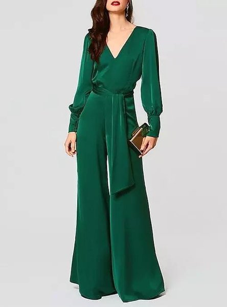 

V Neck Plain Elegant Jumpsuit & Romper, Green, Jumpsuits