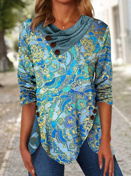 

Women Paisley Casual Autumn Polyester Cross Neck Daily Regular Fit Long sleeve H-Line Tops, Blue, Shirts & Blouses
