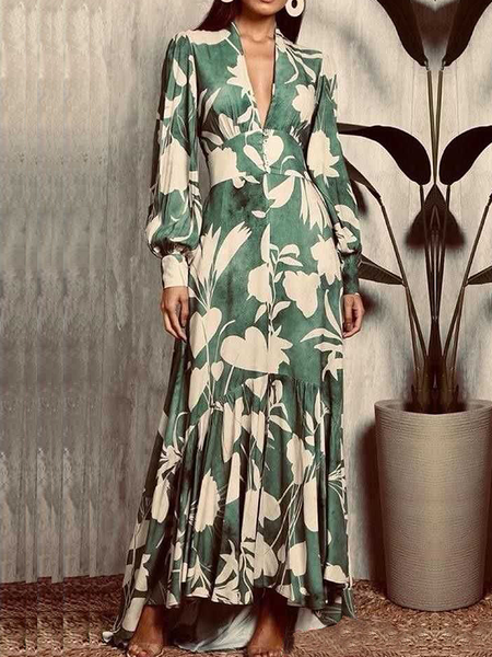 

Long sleeve Regular Fit V neck Dresses, Green, Maxi Dresses