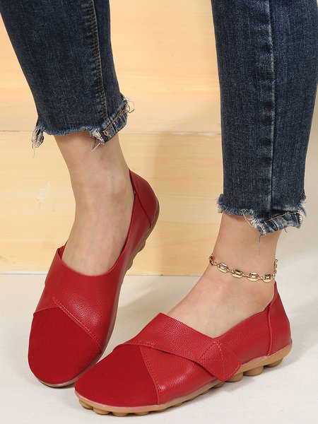 Panelled Faux Suede Velcro Portable Flats, Red, Flats