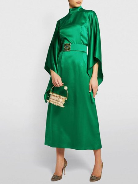 

Plain Autumn Elegant Satin Zipper Natural Daily Midi Regular Size Dresses for Women, Green, Midi Dresses