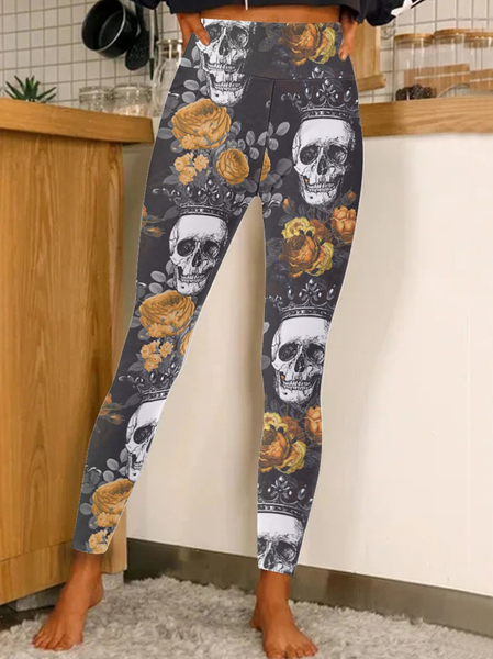 

Women Crowned Skulls with Orange Roses Regular Fit Halloween Leggings, Yellow, Leggings