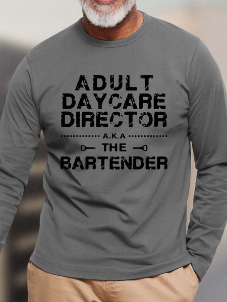 

Men Adult Daycare Director Bartender Casual Cotton T-Shirt, Gray, Long Sleeves