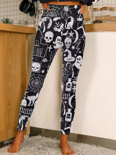 

Women Black Halloween Witch Hats Cats Regular Fit Simple Leggings, Leggings