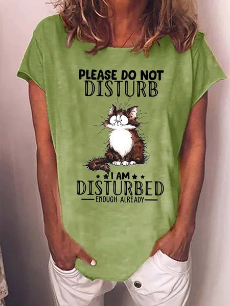 Women Not Disturb Animal Letters Cat T-Shirt, Green, T-shirts