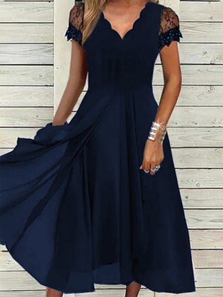 

Women's Casual V neck Plain Loose Short Sleeve Dress, Blue, Midi