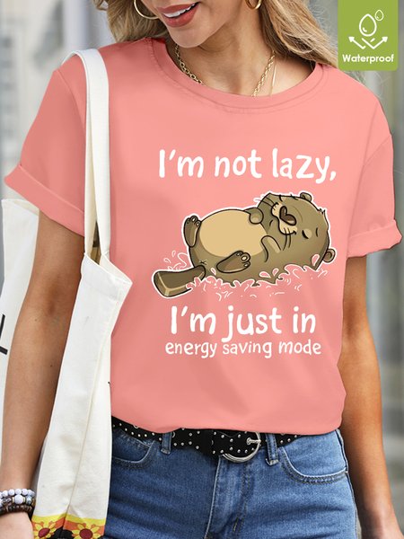 

Womens Cute I'm Lazy Letter Print Waterproof Oilproof And Stainproof Fabric Crew Neck T-Shirt, Pink, T-shirts