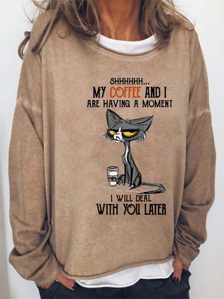 

Women Cat Coffee Letters Loose Cat Sweatshirt, Khaki, Hoodies&Sweatshirts