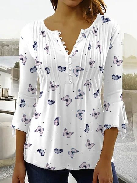 

Casual Autumn Butterfly Polyester V neck Daily Loose Regular Medium Elasticity Tops for Women, White, Tunics