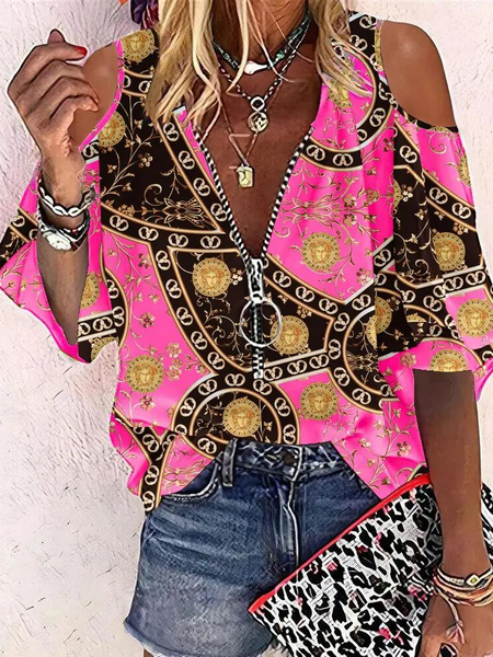 

Women Casual Color Block Autumn Polyester No Elasticity Daily Loose H-Line Regular Size Tops, Pink, Shirts & Blouses