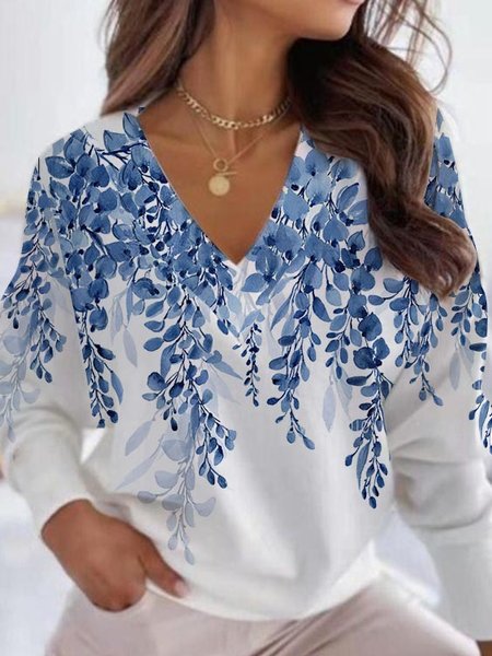 

Casual Floral Design V-Neck Pullover Long Sleeve Top, Blue, Shirts & Blouses