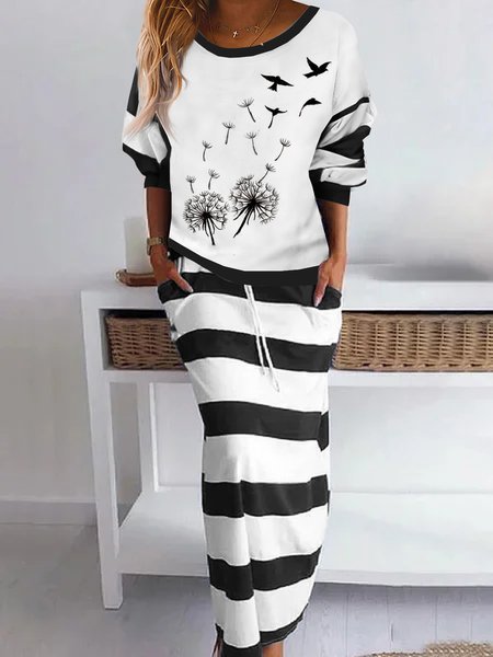 

Dandelion flower patchwork striped sweater skirt two piece set, Black-white, Dresses