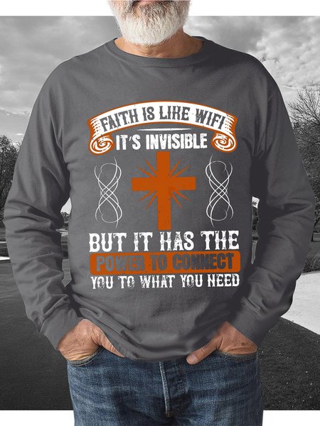 

Men Faith Is Like Wifi Crew Neck Casual Text Letters Sweatshirt, Gray, Hoodies&Sweatshirts