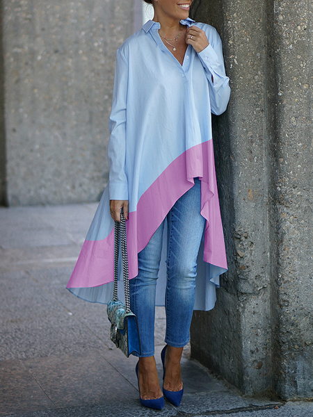 

Color Block Autumn Urban Daily Loose Long sleeve Mid-long A-Line Shirt Collar Blouse for Women, Blue, Blouses and Shirts