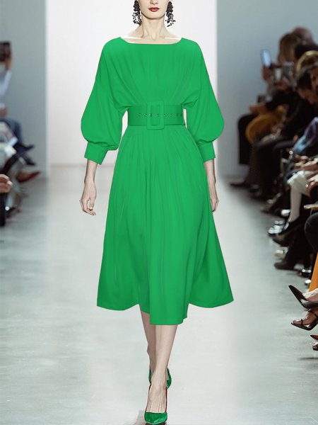 

Plain Simple Autumn Polyester No Elasticity Daily Midi Crew Neck Regular Dresses for Women, Green, Midi Dresses