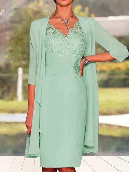 

Elegant Plain Lace Stitching Vest Knitted Dress & Cardigan Two-piece Set, Aqua, Mini Dresses